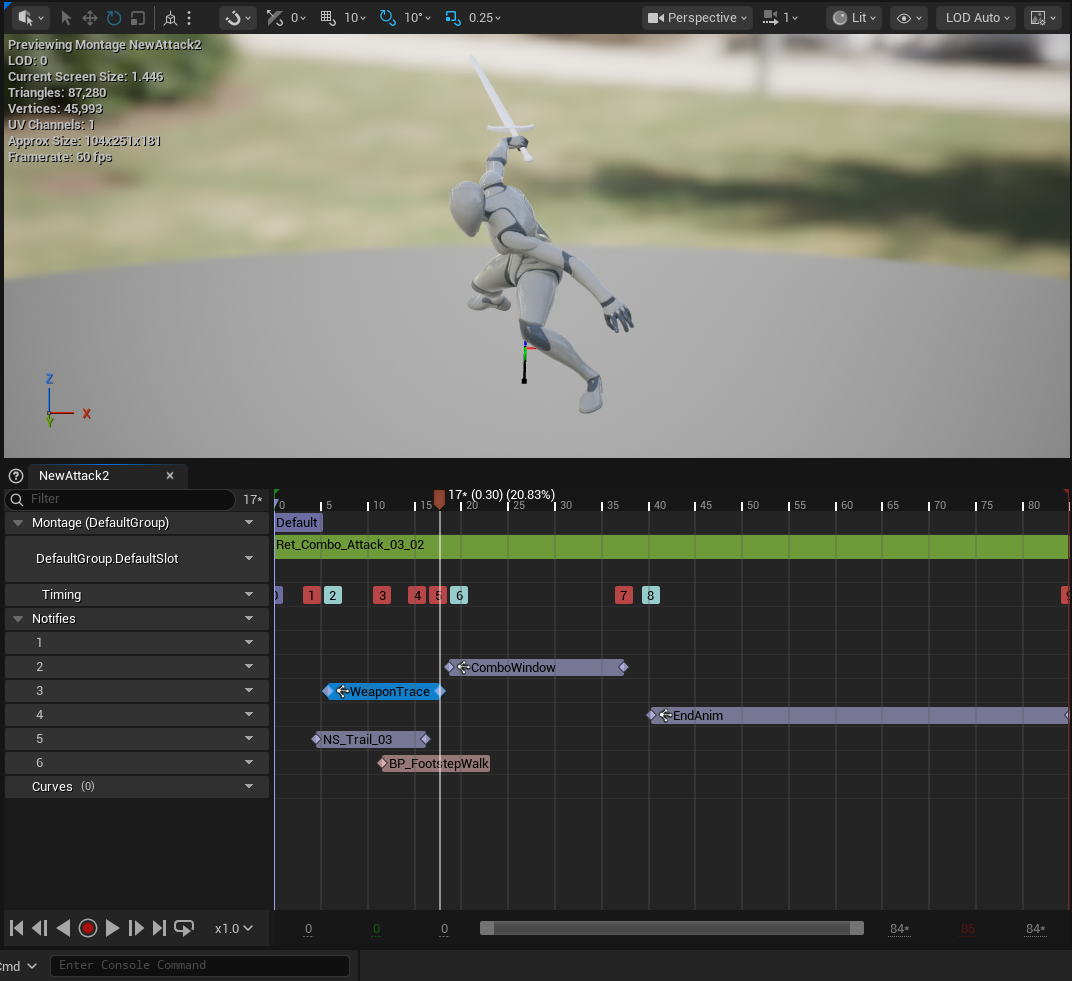 Attack montage timeline with WeaponTrace, ComboWindow and EndAnim notifies