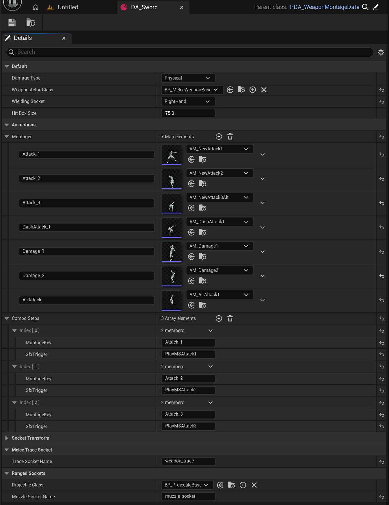 Weapon type data asset DA_Sword: damage type, hit box size, seven montages, three combo steps, trace socket and ranged sockets