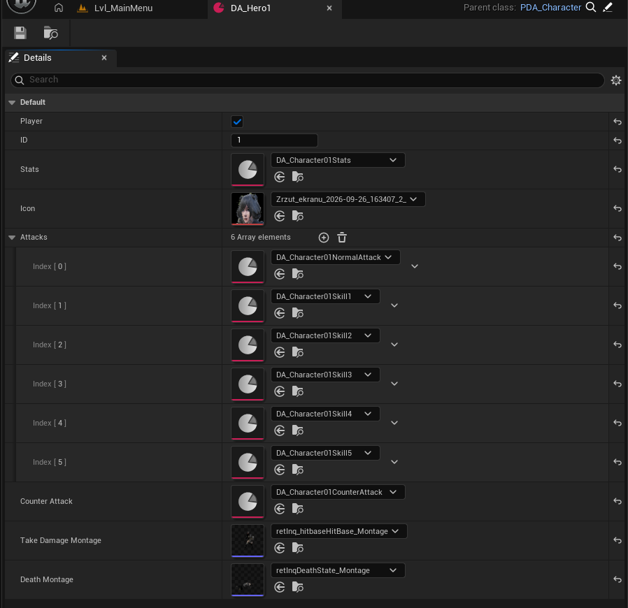 Character data asset DA_Hero1 with an Attacks list of six skill data assets and a counter-attack