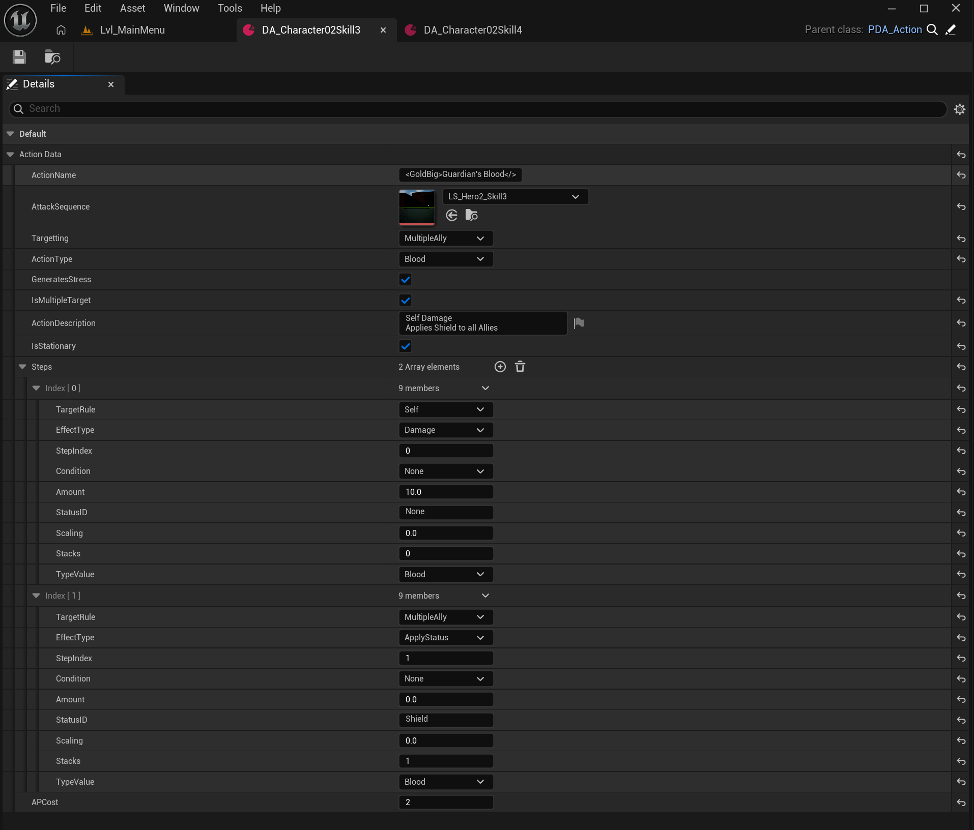 Skill data asset for Guardian's Blood with two steps: damage on the caster on step index 0 and the Shield status on all allies on step index 1